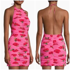 New Saulee Sonia Ruched Backless Floral Halter Mini Dress Pink Rose Sz 10